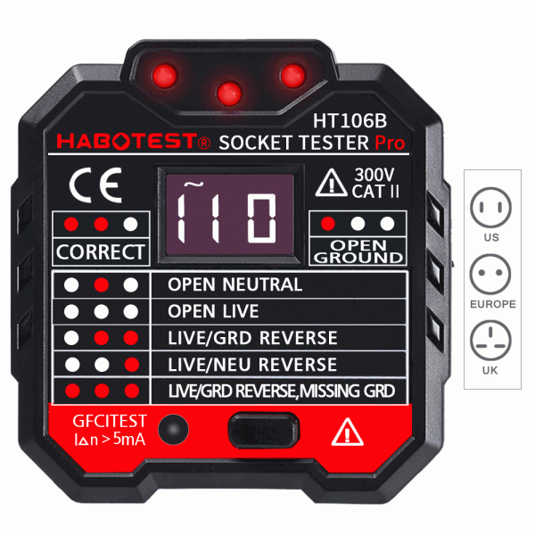 HT106B EU Socket Outlet Tester Circuit Polarity Vo...