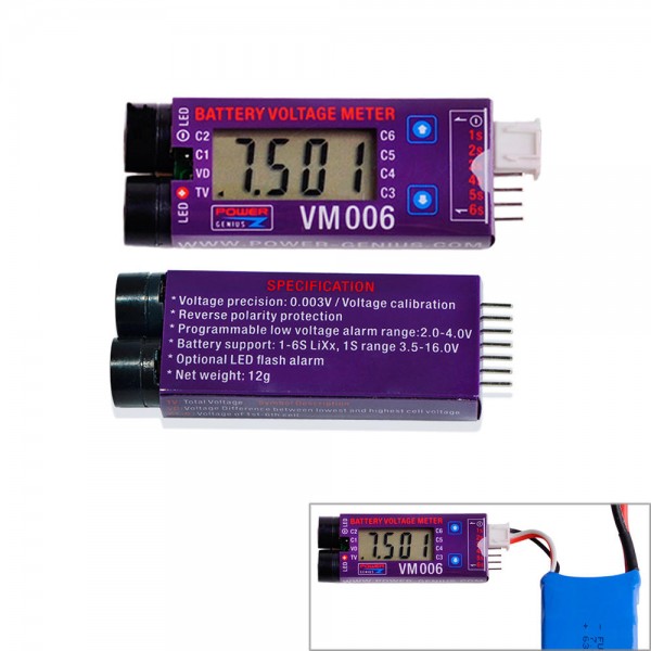 VM006 1-6S DC 3.0-27.0V LiPo Battery Accurate 1mV Battery Voltage Meter 